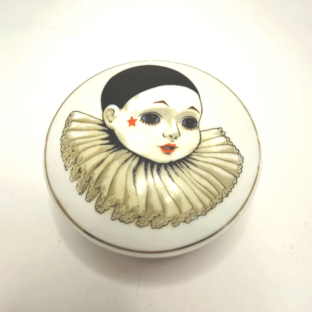 Rare Vintage 1980s Ceramic Pierrot Trinket Box Made in Japan